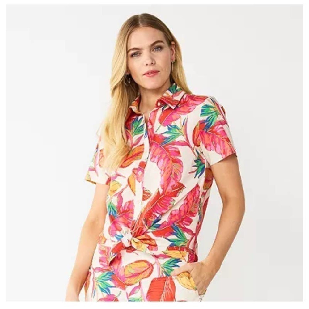 Nine West Tropical Leaf Print Tie Bottom Button Up Shirt Size Small